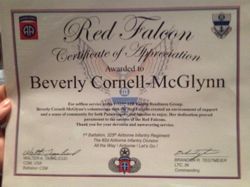 Army Unit Volunteer Certificate - Beverly Cornell