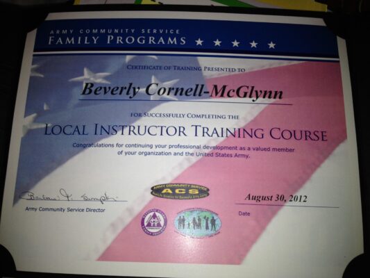 Army Instructor course Certificate - Beverly Cornell