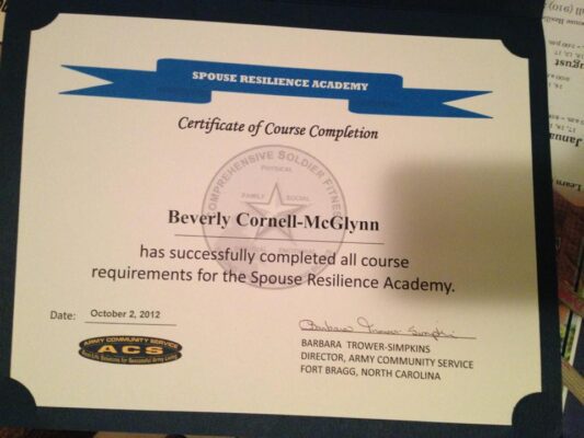 Army Resiliency Course Certificate - Beverly Cornell