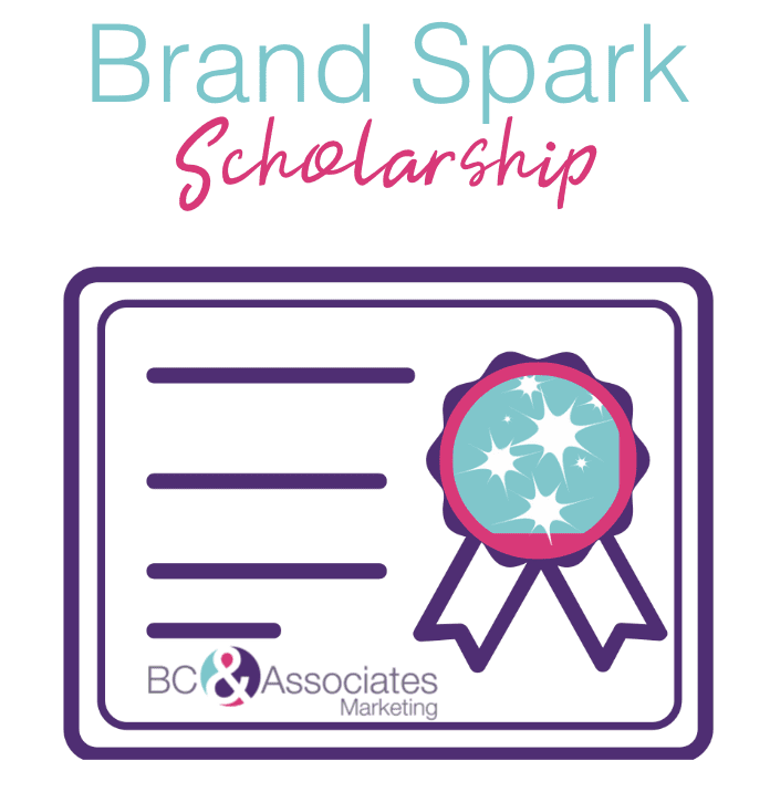 "Brand Spark Scholarship Logo - A certificate icon with a spark-emblazoned ribbon and the BC & Associates Marketing logo." "Brand Spark Scholarship logo featuring a stylized certificate with a ribbon symbolizing achievement, adorned with spark graphics, and the Wickedly Branded logo below."