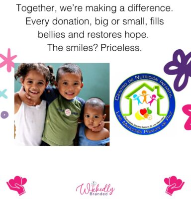 A group of kids hugging each other beside the Centro De Nutricion Infantil Las Mercedes Principe De Paz Logo