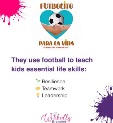 A flyer showing the logo of Futbolito Para la Vida and along with their essential life skills that they teach