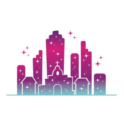 gradient city icon with sparkles branded with Wickedly Branded