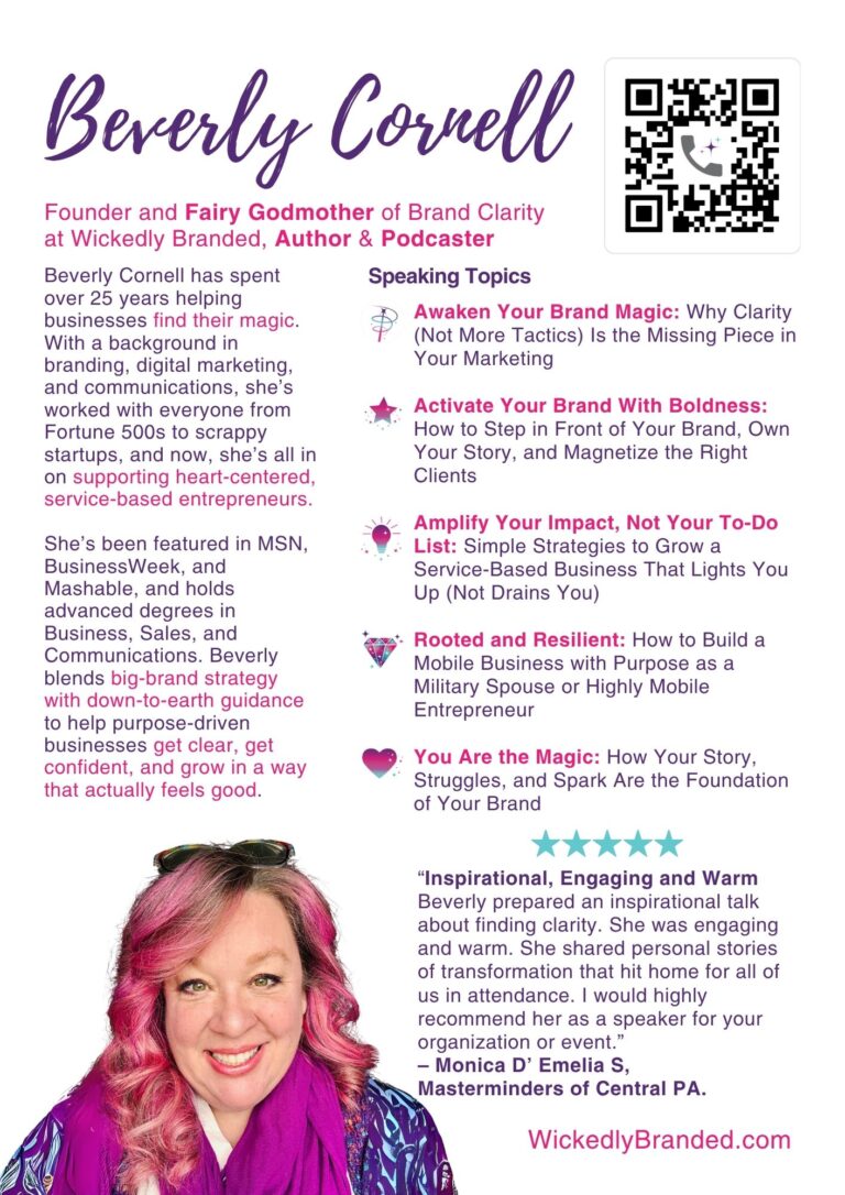Flyer talking about who Beverly Cornell is, and some podcast topics from the Spark and Ignite Your Marketing Podcast